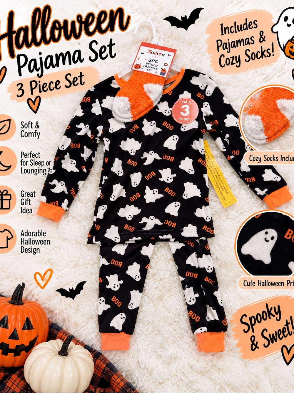 Kids Halloween Ghost Pajama Set with Orange Trim - Modern